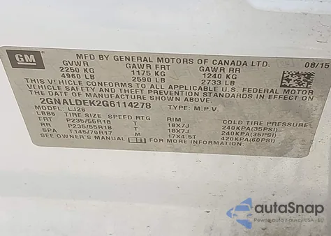 2016 Chevrolet Equinox Ltz z USA, uszkodzony, nr VIN 2GNALDEK2G6114278